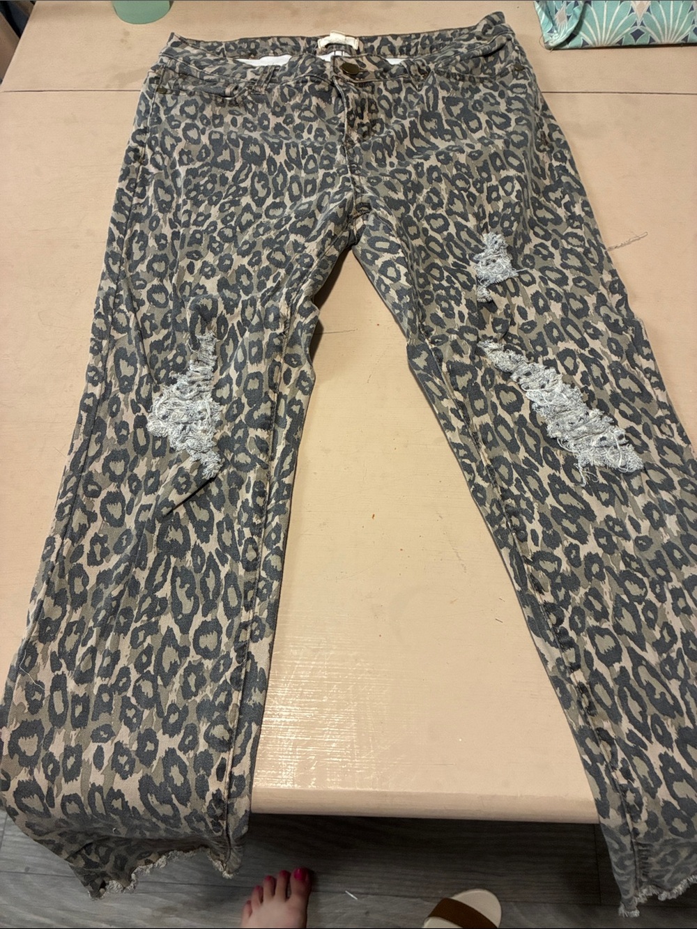 easel Leopard Print Straight Leg Jeans in Taupe and Gray
